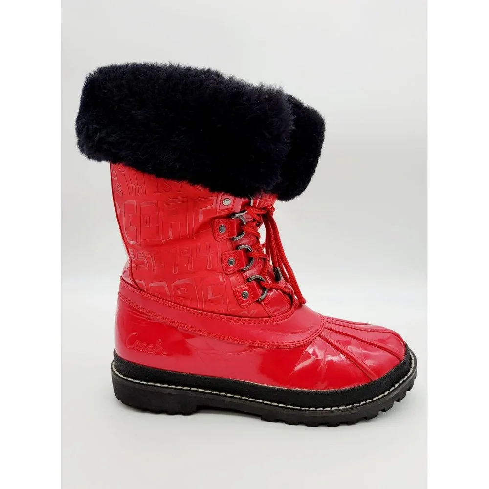 Coach Leonora Red Lace Up Faux Fur Linning Women's Boots Size 8.5